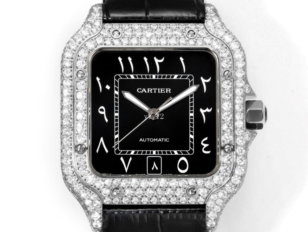 Cartier Santos 40MM 4.5CTW Natural Diamond Black Leather Strap Black Face