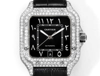 Cartier Santos 40MM 4.5CTW Natural Diamond Black Leather Strap Black Face