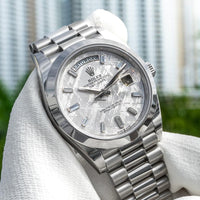 Rolex Day-Date 40 Platinum Presidential 228206 Smooth Bezel Baguette Diamond Meteorite Dial