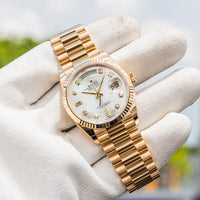 Rolex Day-Date 36mm Presidential 128238 Fluted Bezel White Mother Of Pearl Diamond Dial