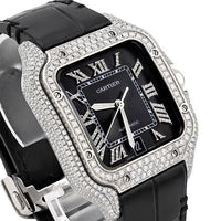 Cartier Santos 40MM 4.5CTW Natural Diamond Black Leather Strap Black Face