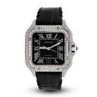 Cartier Santos 40MM 4.5CTW Natural Diamond Black Leather Strap Black Face