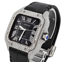 Cartier Santos 40MM 4.5CTW Natural Diamond Black Leather Strap Black Face