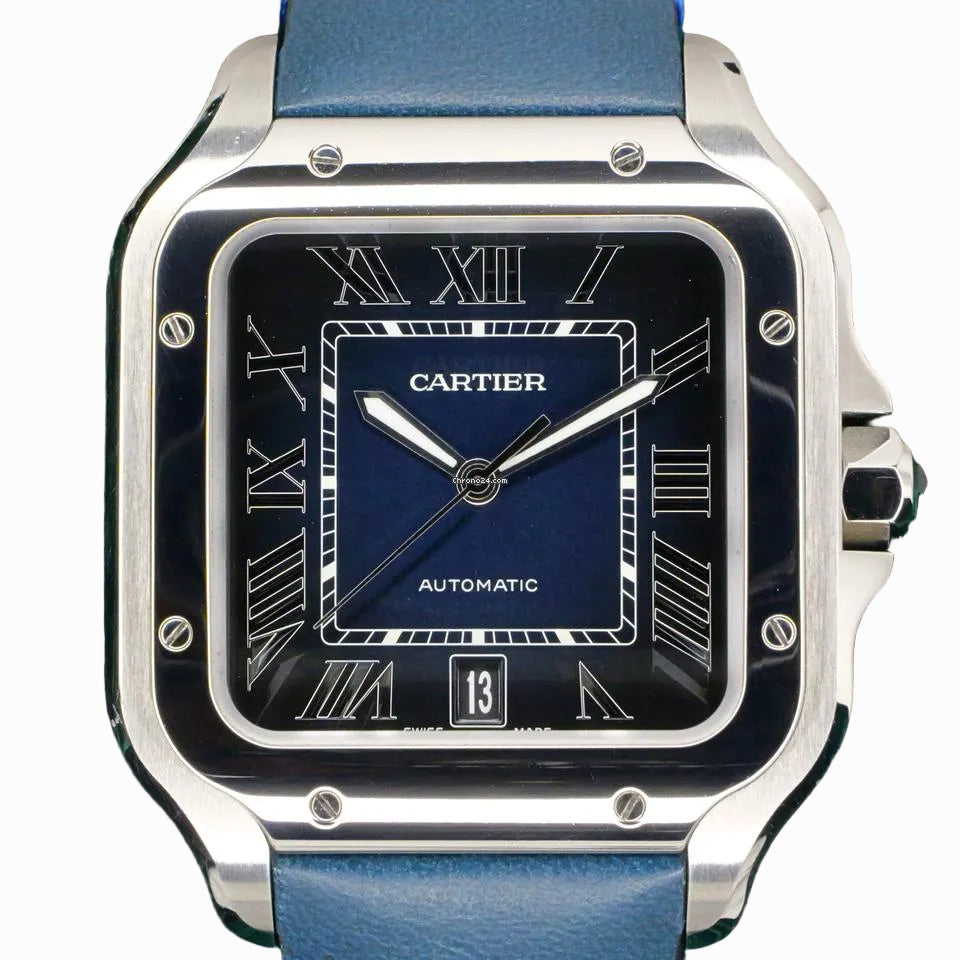 Cartier Santos MINT FULL SET Santos Large Blue Dial Blue Calfskin Leather Strap 39.8mm Steel WSSA0030