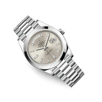 Rolex Day-Date 40 Platinum Presidential 228206 Smooth Bezel Baguette Diamond Silver Dial