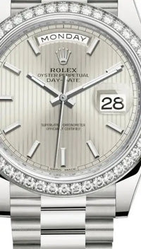 Rolex Day-Date 40 Presidential 228349RBR Diamond Bezel Silver Stripe Motif Dial