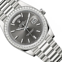 Rolex Day-Date 40 Presidential 228349RBR Diamond Bezel Dark Rhodium Stripe Motif Dial