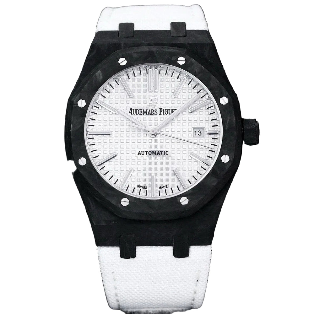 Audemars Piguet Royal Oak featuring a forged carbon fiber case and a white rubber strap.