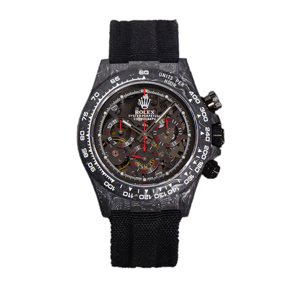 Rolex Cosmograph Daytona modified with a carbon fiber case and a skeletonized dial.