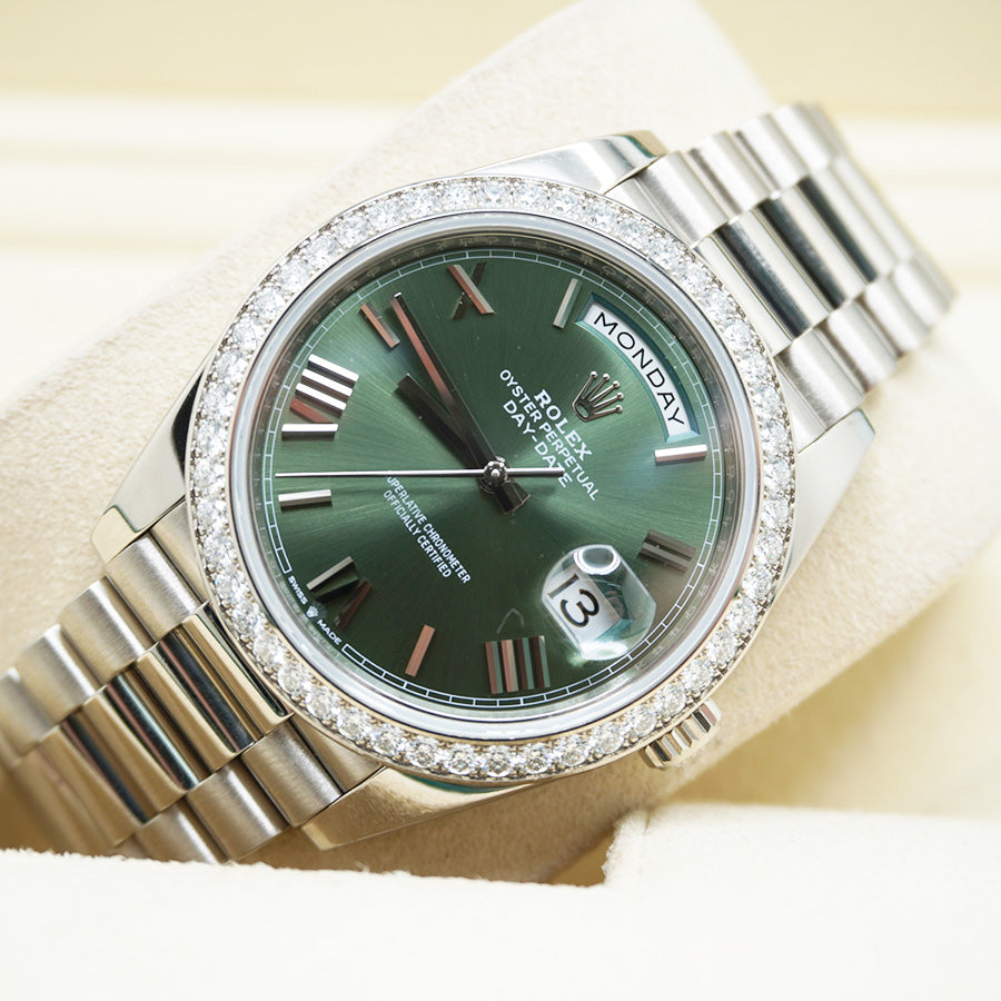 Rolex Day-Date 40 Presidential 228349RBR Diamond Bezel Olive Green Dial