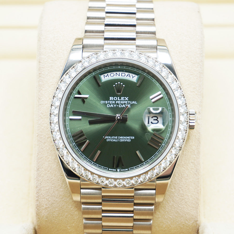 Rolex Day-Date 40 Presidential 228349RBR Diamond Bezel Olive Green Dial