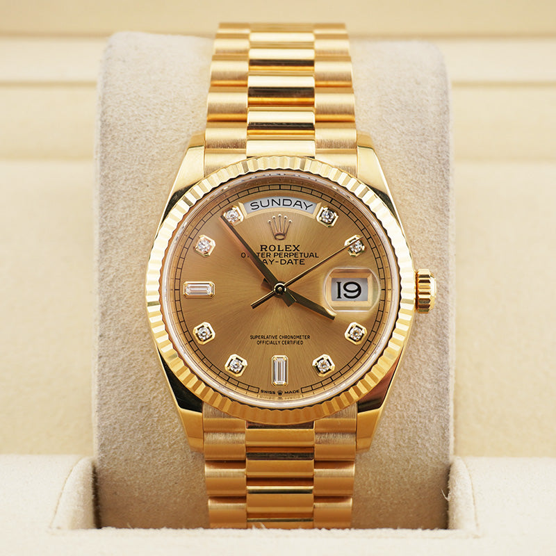 Rolex Day-Date 36mm Presidential 128238 Fluted Bezel Champagne Diamond Dial