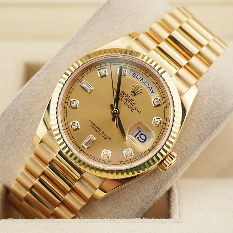 Rolex Day-Date 36mm Presidential 128238 Fluted Bezel Champagne Diamond Dial