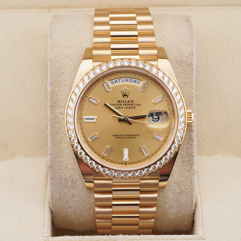 Rolex Day-Date 40 228348RBR Diamond Bezel Baguette Diamond Champagne Dial