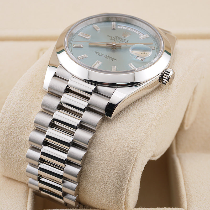 Rolex Day-Date 40 Platinum Presidential 228206 Smooth Bezel Baguette Diamond Ice Blue Dial