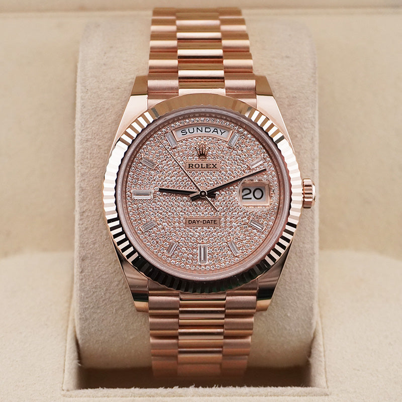 Rolex Day-Date 40 Presidential 228235 Fluted Bezel Baguette / Pave Diamond Dial