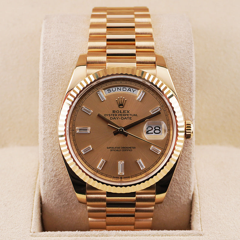 Rolex Day-Date 40 228238 Fluted Bezel Baguette Diamond Champagne Dial