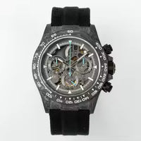 The watch in the image is a custom Rolex Cosmograph Daytona Carbon Fiber Skeleton Edition.