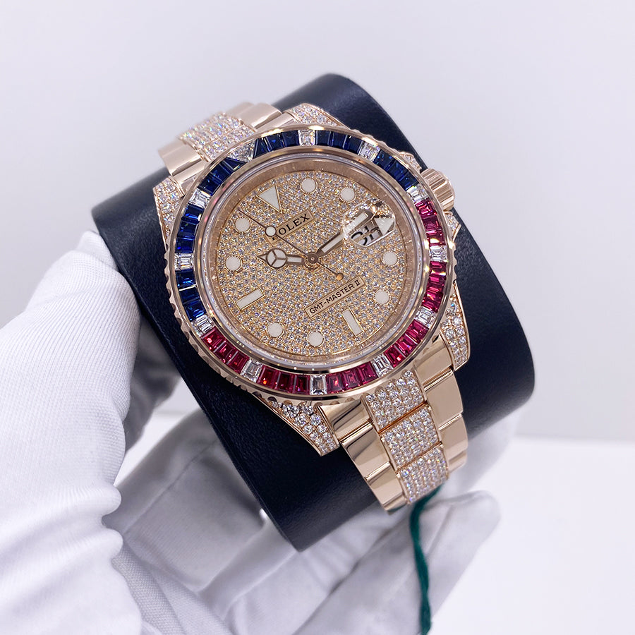 Rolex GMT-Master II "Saru" 40mm 126755SARU Rose Gold Pave Rose Dial