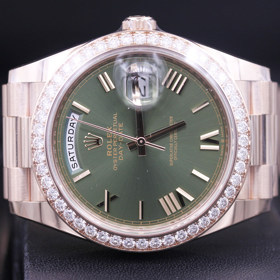 Rolex Day-Date 40 Presidential 228345RBR Diamond Bezel Olive Green Dial