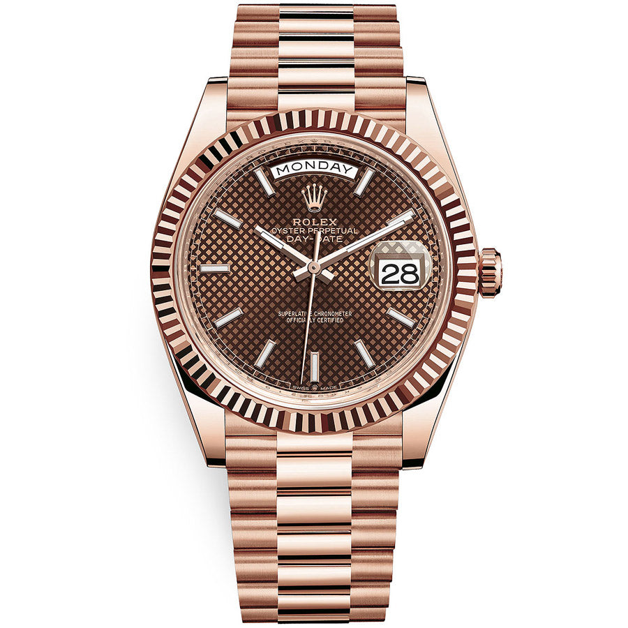 Rolex Day-Date 40 Presidential 228235 Fluted Bezel Chocolate Diagonal Motif Dial