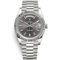 Rolex Day-Date 40 Platinum Presidential 228206 Smooth Bezel Dark Rhodium Stripe Motif Dial