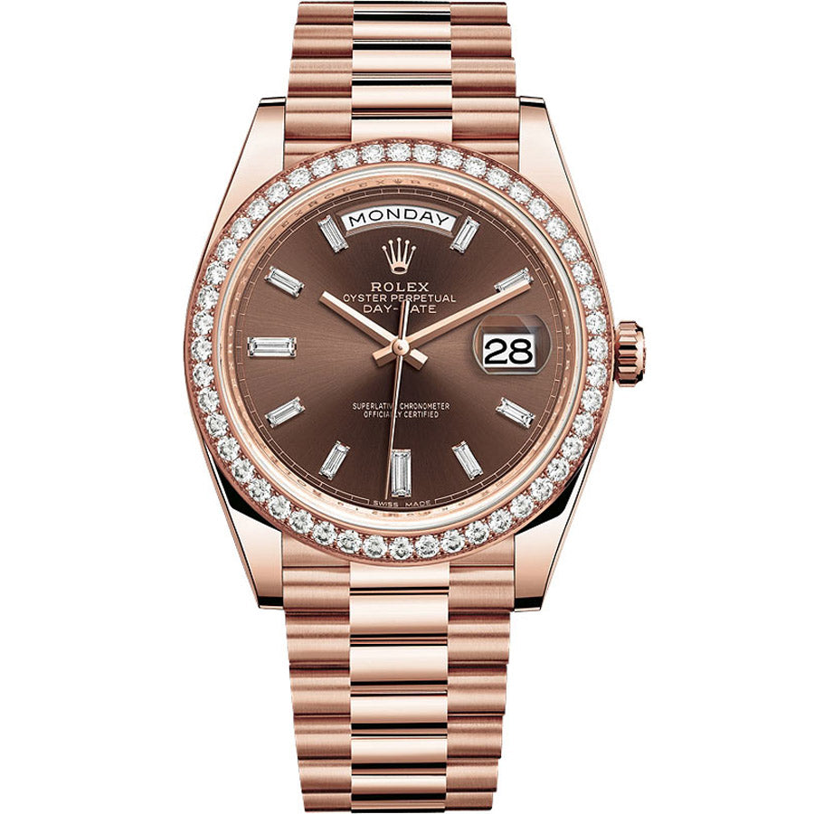 Rolex Day-Date 40 Presidential 228345RBR Diamond Bezel Baguette Chocolate Dial