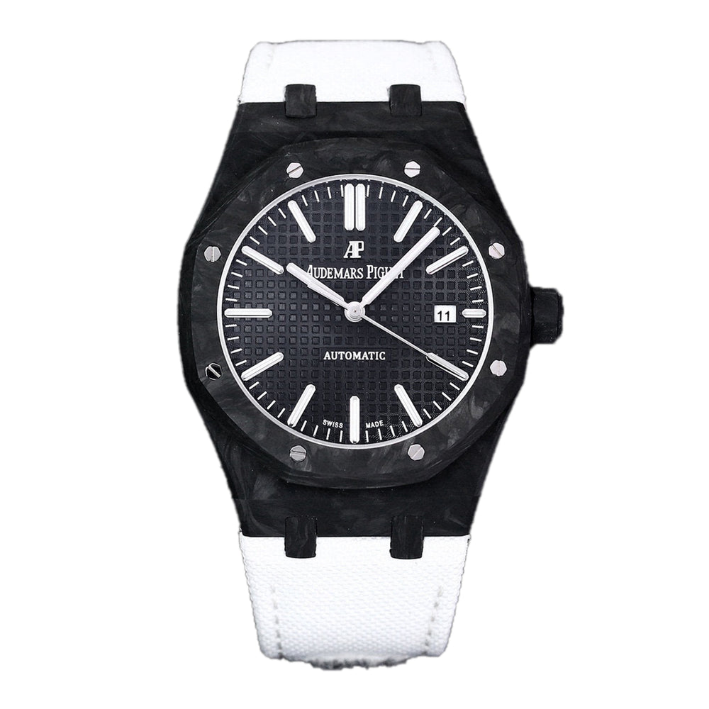 Royal Oak 15400 Black Dial in Carbon Fibre on White Nylon Strap