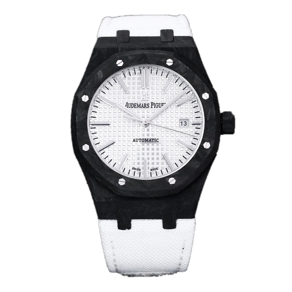 Royal Oak 15400 White Dial in Carbon Fibre on White Nylon Strap