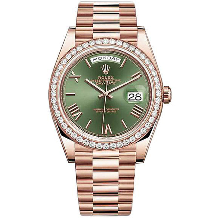 Rolex Day-Date 40 Presidential 228345RBR Diamond Bezel Olive Green Dial