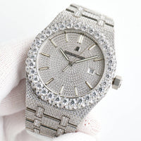 Audemars Piguet Royal Oak, specifically a "fully iced out" or "bust down" version.