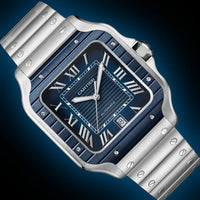 Cartier Santos de Cartier WSSA Blue Striated Dial, Stainless Steel, Large Model, Men's Watch