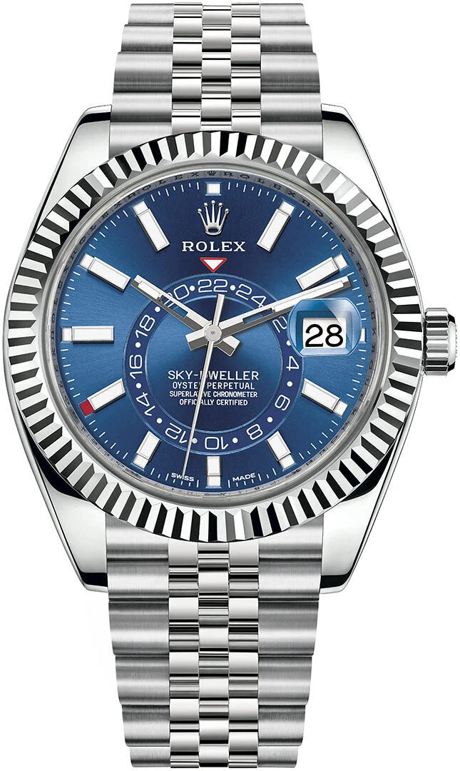 Rolex Sky Dweller Stainless Steel Blue Face 42mm W/G Fluted Bezel Jubilee 326934