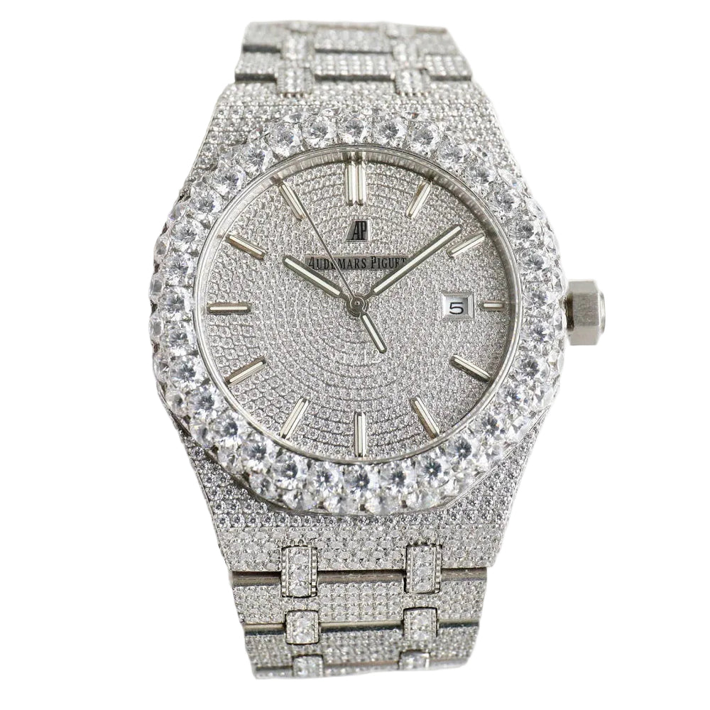 Audemars Piguet Royal Oak, specifically a "fully iced out" or "bust down" version.
