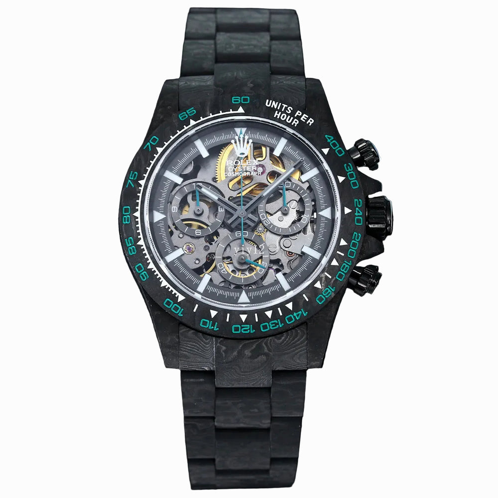 The watch in the image is a custom Rolex Cosmograph Daytona Carbon Fiber Skeleton Edition.