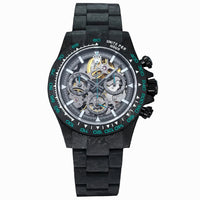 The watch in the image is a custom Rolex Cosmograph Daytona Carbon Fiber Skeleton Edition.