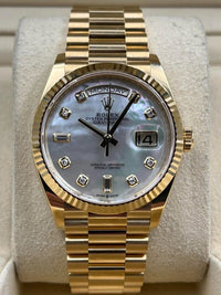Rolex Day-Date 36mm Presidential 128238 Fluted Bezel White Mother Of Pearl Diamond Dial