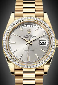 Rolex Day-Date 40 Presidential 228398TBR Baguette Diamond Bezel Silver Dial