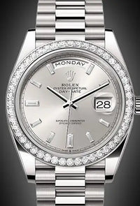 Rolex Day-Date 40 Presidential 228349RBR Diamond Bezel Baguette Diamond Silver Dial
