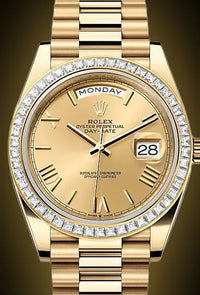 Rolex Day-Date 40 228398TBR Baguette Diamond Bezel Champagne Dial