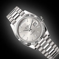 Rolex Day-Date 40 Presidential 228239 Fluted Bezel Baguette Diamond Silver Dial