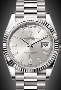 Rolex Day-Date 40 Presidential 228239 Fluted Bezel Baguette Diamond Silver Dial