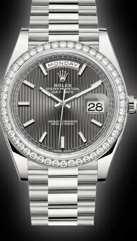 Rolex Day-Date 40 Presidential 228349RBR Diamond Bezel Dark Rhodium Stripe Motif Dial
