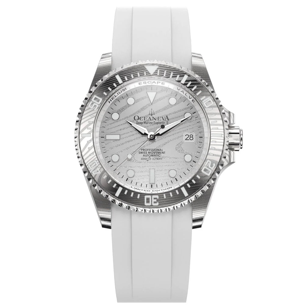Oceaneva Mens Deep Marine Explorer II Silver Damascus Steel Dial Watch White Rubber