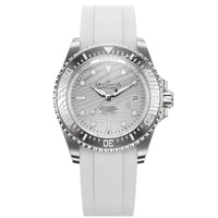 Oceaneva Mens Deep Marine Explorer II Silver Damascus Steel Dial Watch White Rubber