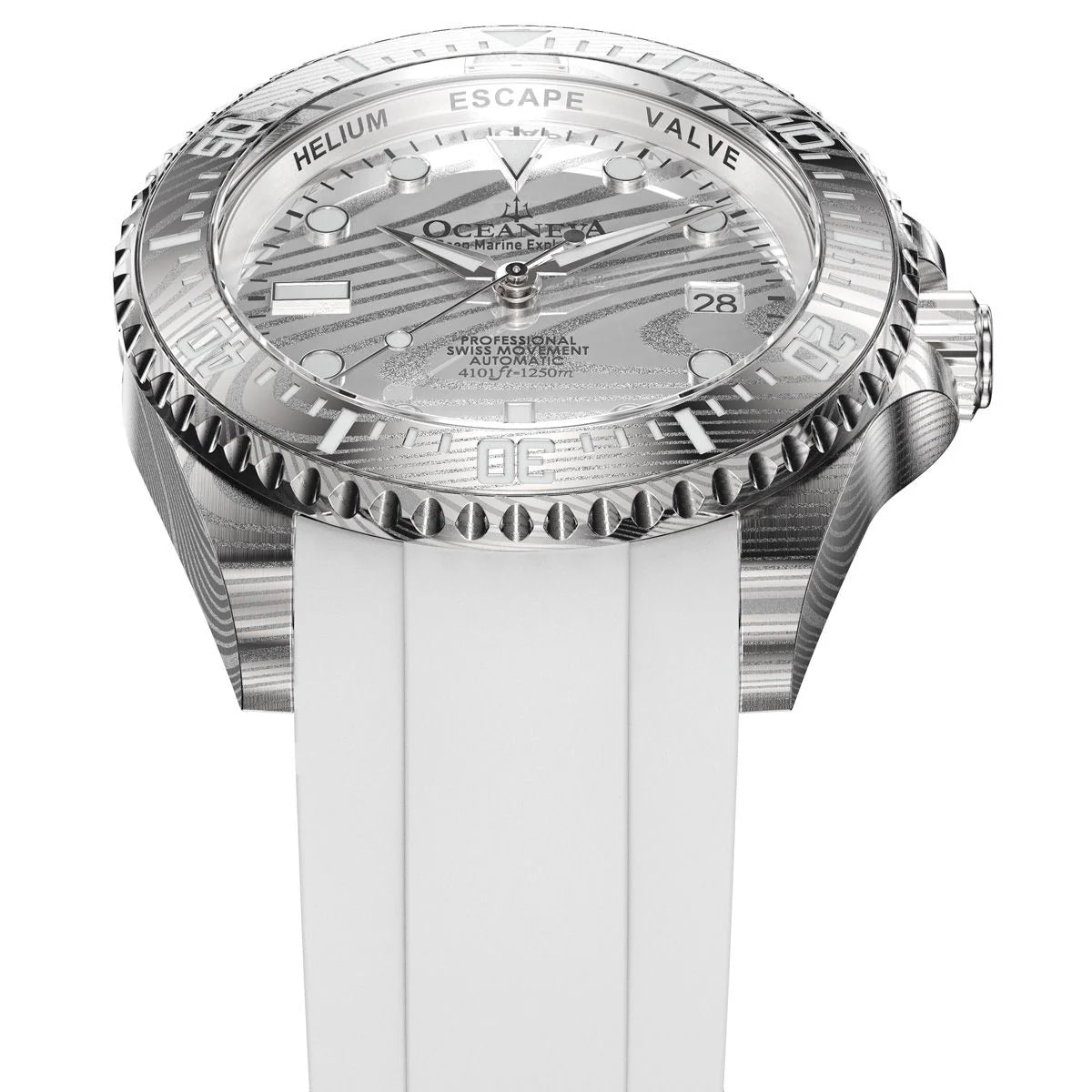 Oceaneva Mens Deep Marine Explorer II Silver Damascus Steel Dial Watch White Rubber