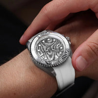 Oceaneva Mens Deep Marine Explorer II Silver Damascus Steel Dial Watch White Rubber
