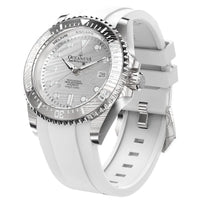Oceaneva Mens Deep Marine Explorer II Silver Damascus Steel Dial Watch White Rubber