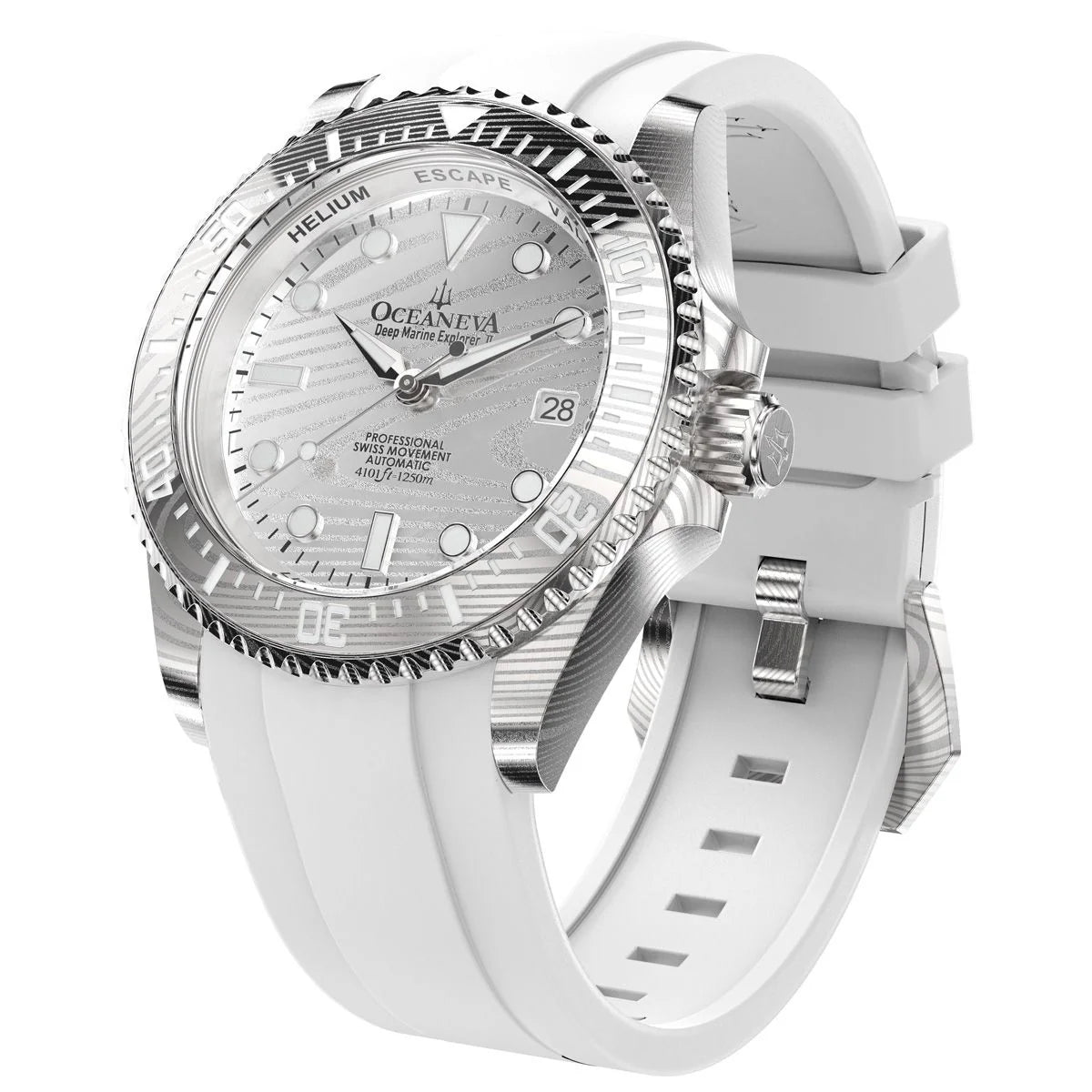 Oceaneva Mens Deep Marine Explorer II Silver Damascus Steel Dial Watch White Rubber