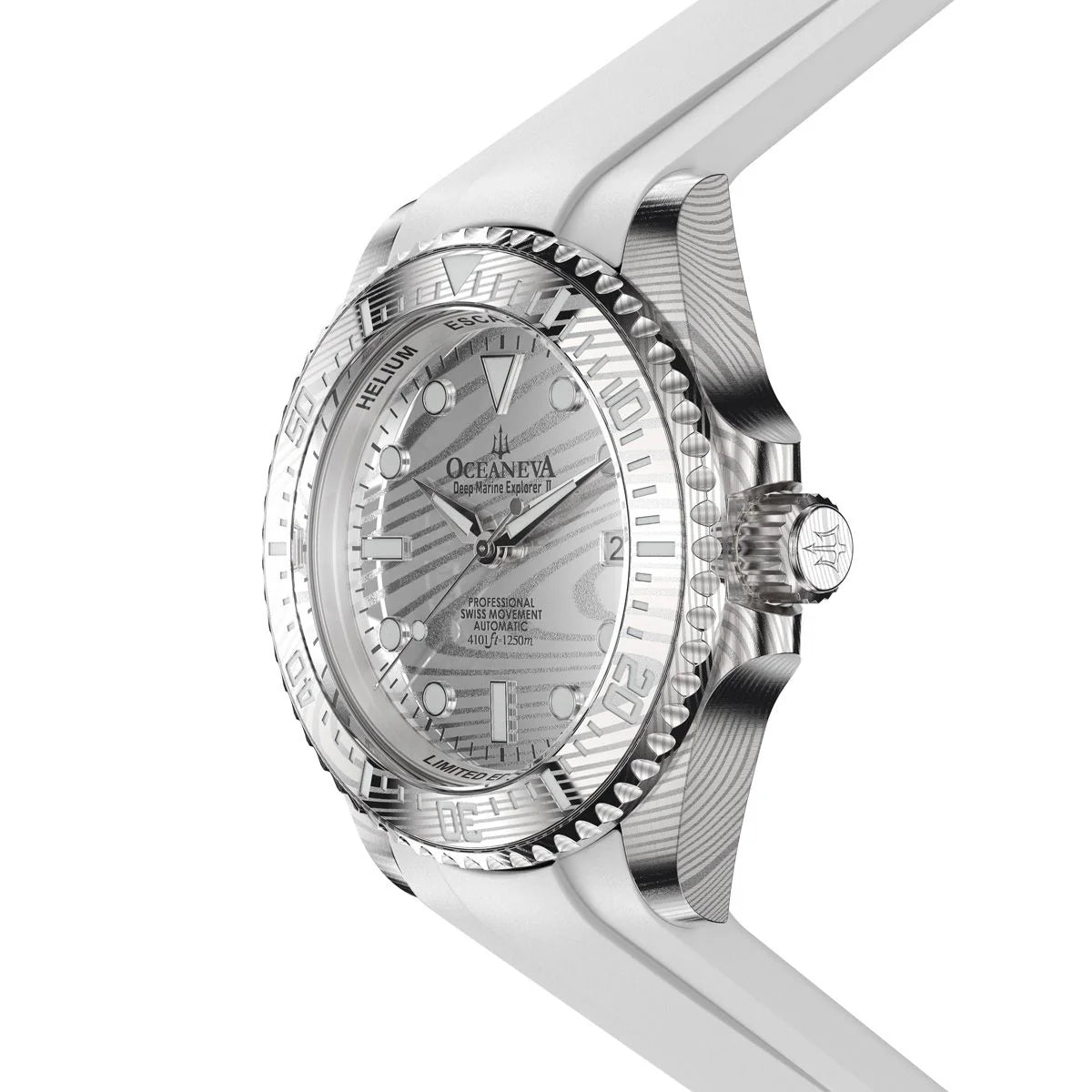 Oceaneva Mens Deep Marine Explorer II Silver Damascus Steel Dial Watch White Rubber